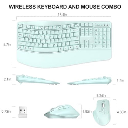 Wireless Keyboard and Mouse Combo, 2.4G Full Size Wave Keys Ergonomic Keyboard with Wrist Rest and 3-Level DPI Adjustable Wireless Ergonomic Mouse for Windows, Mac OS Desktop/Laptop/PC(Mint Green) - color: Mint green