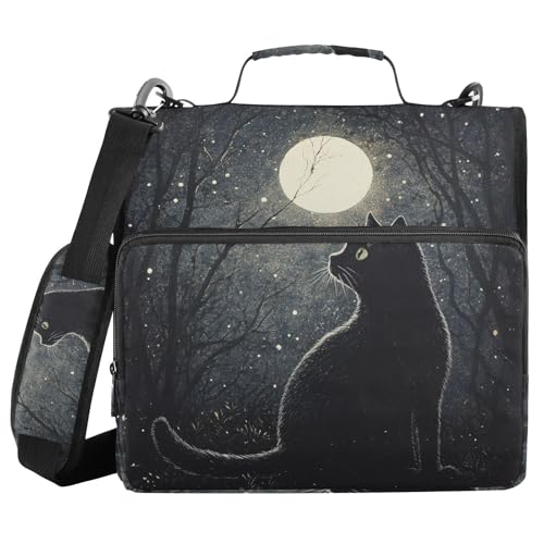 ALAZA Cat at Night Zipper Binder 1.5 inch 3 Ring Binder Organizer with Shoulder Strap and Handle for Home Office Work