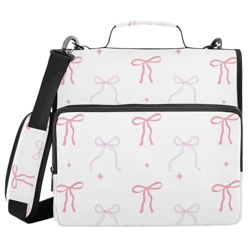Pink Bows Star White Zipper Binder with Shoulder Strap Bag 3 Ring Binder Organizer Large Capacity Multiple Compartments for School Office - color: Multicolored 12