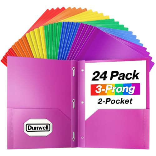 Dunwell Plastic 2 Pocket Folders with 3 Prongs, (24 Pack, Assorted Colors), Bulk 3-Clasp Folders with Fasteners, Tear-Resistant, Long Lasting Acid-Free Poly, Includes Labels - color: 6 Vibrant, size: 24 Pack