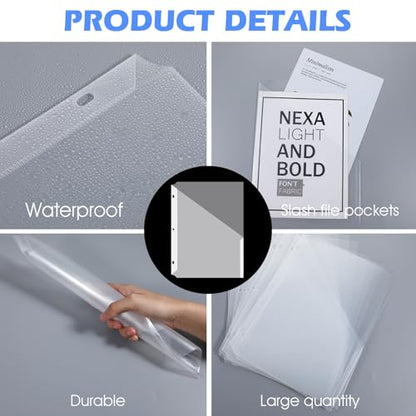 48 Pcs Binder Pockets for 3 Ring Binder Clear Plastic Folders Sleeves 3 Hole Punch Document Dividers Poly Slash File Jacket Organizer with Pockets for Office Home School, Clear