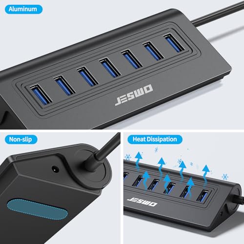 Powered USB Hub, JESWO 7-Port USB 3.0 Hub, Aluminum USB Data Hub with 3.3ft Cable, USB Hub 3.0 Powered with 20W Power Adapter for MacBook, Mac Pro/mini, iMac, XPS, PC, USB-Flash Drives, etc. (Black) - color: Black