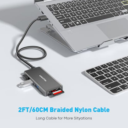 UANTIN USB Hub for Laptop | 5-Port USBA Splitter with 3*USB-A 3.0 and SD/TF Card Reader 2FT Braided Nylon Cable, Multi-Port USB Extender for PC, MacBook, Mac mini, Surface, Desktop