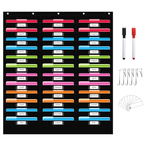 REGELETO 36 Pockets File Storage Pocket Chart with 36 Nametag Pockets, Hanging Wall File Organizer for Classroom and Office, Organize Your Assignments, Files, Scrapbooks, Paper (Black-36 Pockets) - size: 36 Pockets