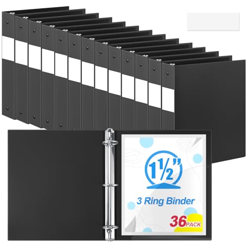 Henoyso 36 Pcs Black 1.5 Inch 3 Ring Plastic Binder Bulk, 1 1/2 Inch Soft Flexible Binders Three Round Rings Fit 8.5x11 Papers for School Office Home File Organization Supplies - color: Black