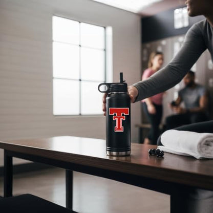 Texas Tech 32oz Stainless Steel Double Walled Black Beverage Bottle with Flip Straw Spout - College Gear for Playoff Season – For Office, Home or Auto – Show your Red Raider Prider - style: Texas Tech / Black
