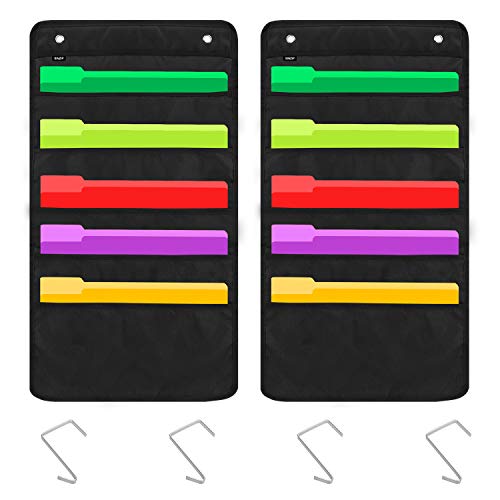 2 Pack Heavy Duty 5 Pocket Door Hanging File Organizer, Black Wall Storage Pocket Charts with 2 Hangers, Great for Classroom, School, Home or Office Use (5 Pocket-2Pack) - size: 5 Pocket-2Pack