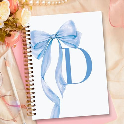 JXREQ Coquette Blue Bow Personalized Notebook, Initial Letter D Monogram Journal, Preppy Girly Ribbon Bow Journal, Monogrammed Gifts for Women, Aesthetic Spiral Notebook 5.5x8.3 - color: D Blue