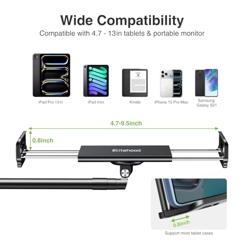 elitehood Heavy Duty Aluminum iPad Stand for Bed with Long Swivel Arm, Floor Tablet Holder for Bed Recliner Sofa, Adjustable iPad Floor Stand Holder, Fits Tablet, Kindle, iPhone and 4.7-13in Devices