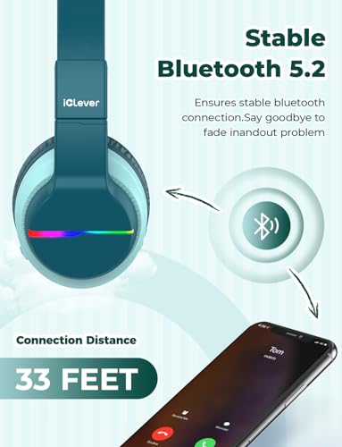 iClever BTH12 Kids Bluetooth Headphones,Colorful LED Lights Wireless Kids Headphones,74/85dBA Safe Volume,85H Playtime,Bluetooth 5.2,Over Ear Headphones Built-in Mic for iPad/Tablet/Airplane,Green - color: Malachite Green