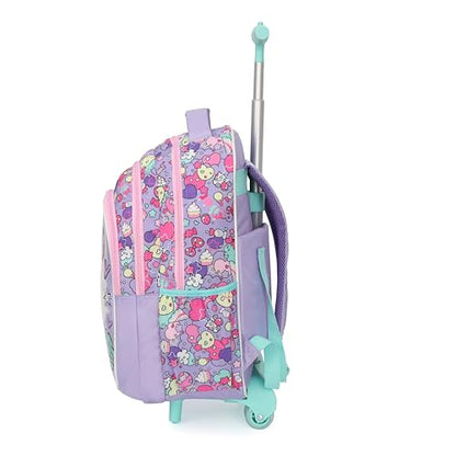 Cartoon Rolling Backpack for Boys Girls, Kids 5 Pcs Wheeled Backpack, Travel Backpack for Elementary Students (Cat Purple) - color: Cat Purple