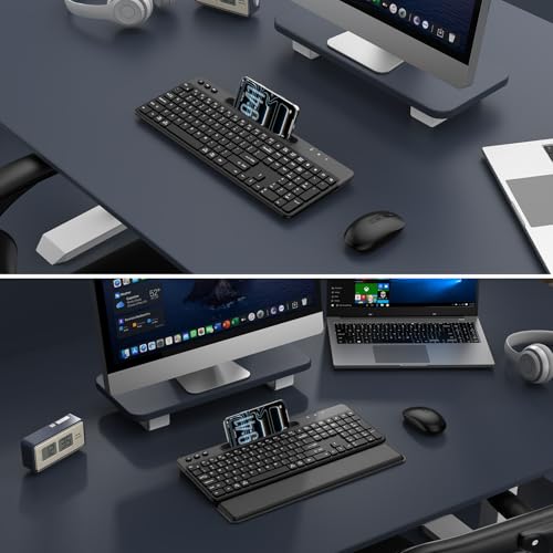 Wireless Keyboard and Mouse Combo, 2.4G Full-Sized Ergonomic Computer Silent Keyboard with Soft Wrist Rest, Phone Tablet Holder, 3 DPI Quiet Mouse for Windows, Mac OS Laptop/PC/Desktop