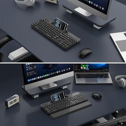 Wireless Keyboard and Mouse Combo, 2.4G Full-Sized Ergonomic Computer Silent Keyboard with Soft Wrist Rest, Phone Tablet Holder, 3 DPI Quiet Mouse for Windows, Mac OS Laptop/PC/Desktop