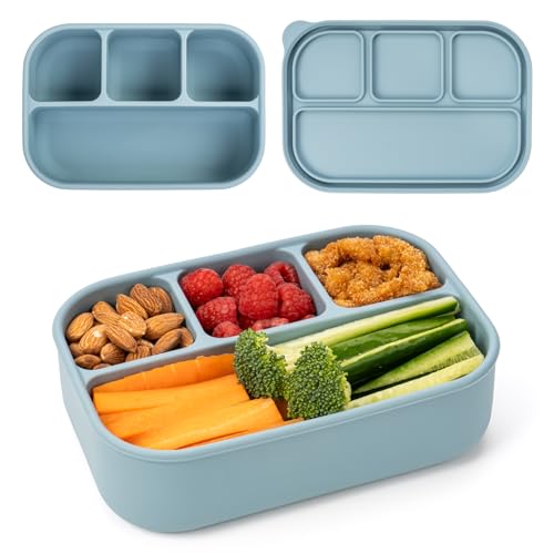 100% Silicone Bento Box Adult with 4 Compartments, 32oz, Reusable Divided Lunch Box Meal Prep Snack Containers for Food Storage, BPA-Free, Plastic-Free, Microwave Dishwasher safe, Nile Blue, 1 Pack - color: Nile Blue | 32oz | 4-Compartment