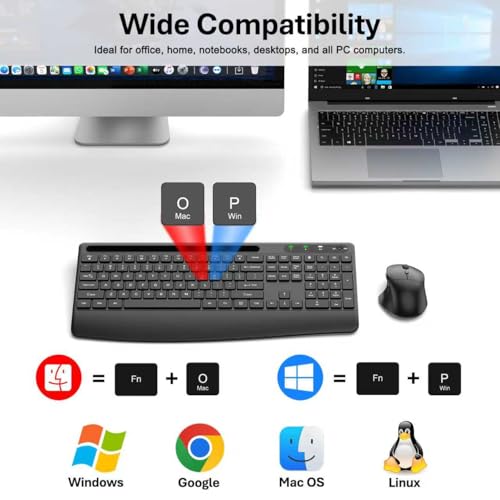 Ergonomic Wireless Keyboard and Mouse Combo, Full-Size Silent Keyboard with Wrist Rest & Phone Holder, 3 DPI Adjustable Mouse, 2.4G Lag-Free Cordless, Long Battery Life for PC Laptop Mac Windows