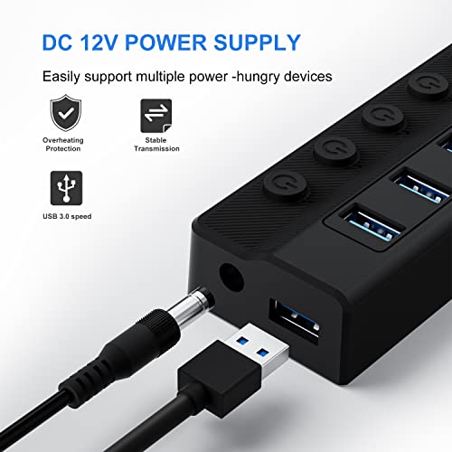 ONFINIO Powered USB Hub 3.0, 10-Port USB Splitter Hub | Individual On/Off Switches and 12V/2A Power Adapter USB Extension - style: 10 PORT 3.0