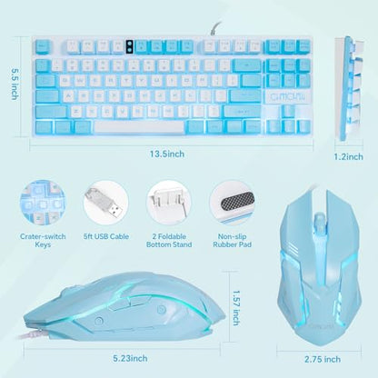 CHONCHOW Blue Keyboard and Mouse Combo, 87 Keys TKL USB Wired LED Light Up Backlit Keyboard, 800-3200 DPI RGB Mouse, Blue Mouse and Keyboard Combo for PS4 PS5 PC Laptop Mac Computers, Main White