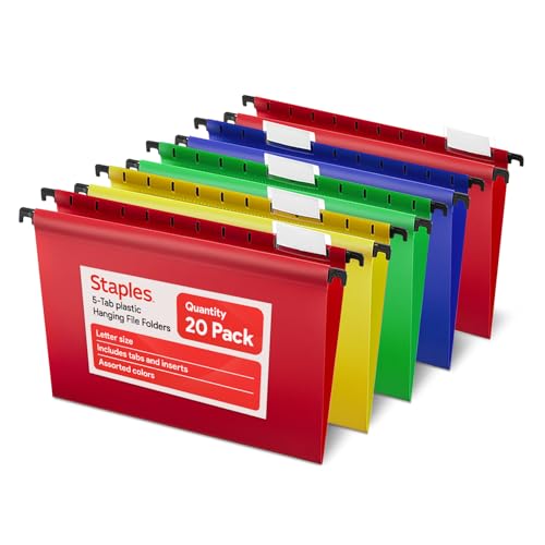 Staples Hanging File Folders, Letter Size, Assorted Colors, Water‑Resistant, 5‑Tab, Includes Tabs & Inserts – 20/Pack - style: 20 Pack
