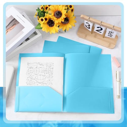 Gueevin 100 Pack Plastic Folder with Pockets, 2 Pocket Folders, Plastic Glossy Folders Fit Letter Size Paper, Heavy Duty Durable File Folder with Business Card for Home Office School (Light Blue) - color: Light Blue