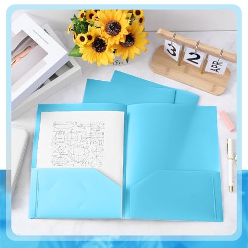 Gueevin 50 Pcs Plastic Folders with Two Pockets, Back to School Two Pocket Folder Fit Letter Size, Heavy Duty School Business Card Holder for Home Office Teachers(Light Blue) - color: Light Blue
