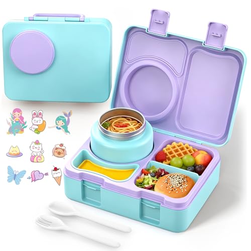 Bento Box for Kids, Leakproof Kids Bento Lunch Box Container with 8oz Insulated Thermo Food Jar, Sauce Jar, Utensil, DIY Stickers for School Boys Girls, 3-4 Compartments, BPA-Free - color: Lake Blue
