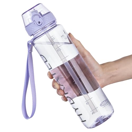 GOPPUS Clear Water Bottle With Straw 32oz Clear Sports Water Bottles Motivational with Time Marker Tritan BPA Free Clea Plastic Water Bottle Wide Mouth for Gym Travel Home School Office - color: Light Purple