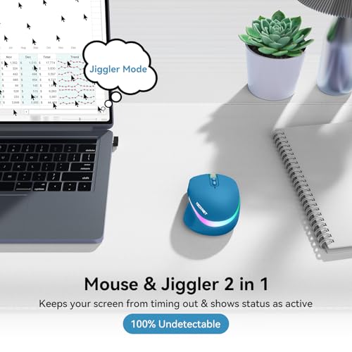 TECKNET Wireless Mouse Jiggler, Rechargeable Mouse with Built-in Mouse Mover, 6 Adjustable DPI & 14 LED Modes, Silent Click, Undetectable Random Movement Keeps Computer Awake for Laptop/PC/Mac- Blue - color: Blue