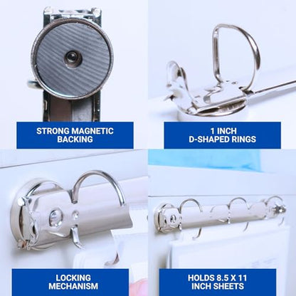 10 Pack Magnetic 3 Ring Binder Locking Mechanism for Hanging, 1 Inch D-Ring Holds 225 Sheets, Heavy Duty for 8.5 x 11 Paper, 50 Sheet Protectors Included, 5S Whiteboard Cabinet - Ring Binder Depot