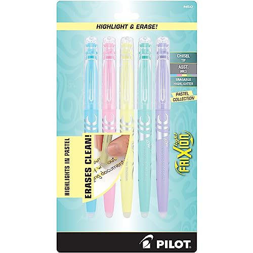 Pilot FriXion Light Pastel Collection Erasable Highlighters, Chisel Tip, Highlighter Pens, Assorted Color Inks, 5-Pack - color: Blue / Pink / Yellow / Green / Purple