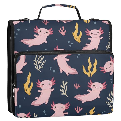 Zipper 3 Ring Binder Bag Axolotl Coral Expanding File Portfolio Storage Organizer 2-Inch, 500 Sheets Multi-Pocket Shoulder Strap for School Office Kids Adults - color: Pink Yellow Axolotl
