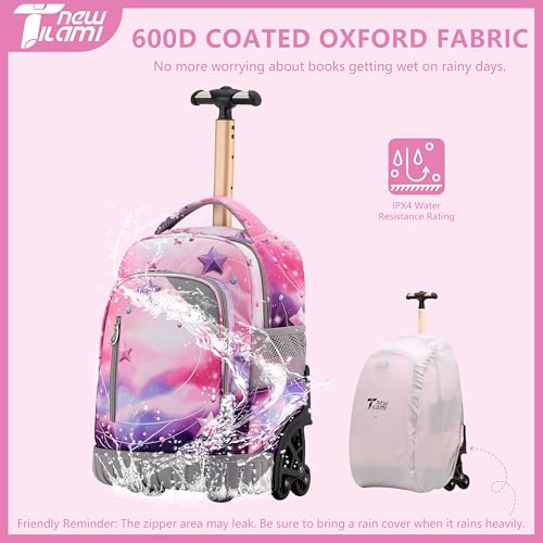 NEW TILAMI 16 Inch Rolling Backpack with Lunch Bag for Kids Adjustable Handle Carry-on Suitcase Wheels for Girls Boys School Travel Camping, Pink - Purple Galaxy - color: Pink - Purple Galaxy