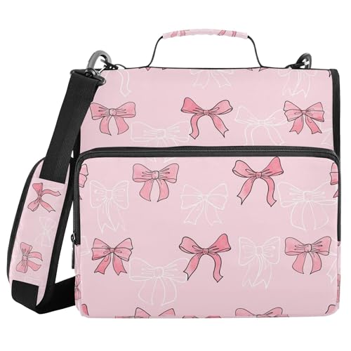 Cute Pink Bow Zipper Binder with Shoulder Strap, 500 Sheets Capacity, Multiple Pockets 1.5Inch 3 Ring Zipper Binder - color: Bow