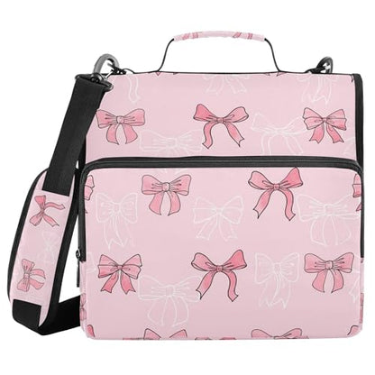 Cute Pink Bow Zipper Binder with Shoulder Strap, 500 Sheets Capacity, Multiple Pockets 1.5Inch 3 Ring Zipper Binder - color: Bow