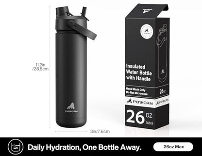 POWCAN 26 oz Insulated Water Bottle: Straw and Spout Lid, Glow-in-the-Dark | Leak-proof, Keep Cold 24H, Cupholder Friendly, BPA-Free, Stainless Steel Water Bottle for Gift, Hiking, Trip (Gilded Flutter) - color: Gilded Flutter (Luminous), size: 26 Ounces