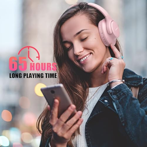 KVIDIO Bluetooth Headphones Over Ear, 65 Hours Playtime Wireless Headphones with Microphone, Foldable Lightweight Headset with Bass and Stereo Sound Low Latency for Travel Work Cellphone - color: Pink