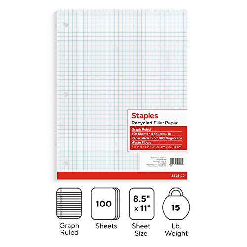 STAPLES Graph Ruled Filler Paper, 8.5” x 11”, 100 Sheets