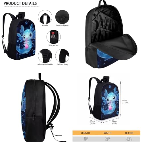 Blue Axolotl Kids Backpack Set 3Pcs with Lunch Bag Pen Bag Set Portable Lunch Bag Multifunctional Pencil Case Lightweight Casual Daypacks for Elementary School Students - color: Blue Axolotl