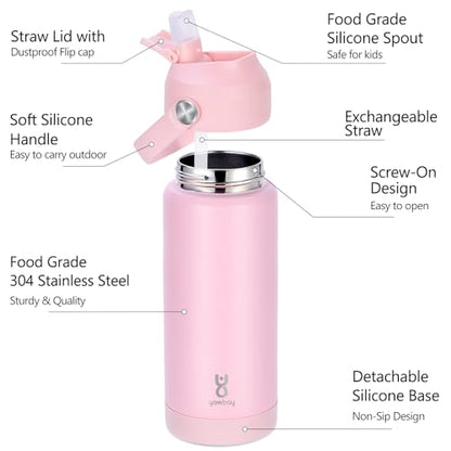 18oz Kids Insulated Water Bottle with Straw Lid & Silicone Handle,Kids Leak Proof Water Bottle for School Boys Girls,Double Wall Vacuum Stainless Steel with Non-slip Silicone Base(LightPink) - color: Light Pink, size: 18 Ounces