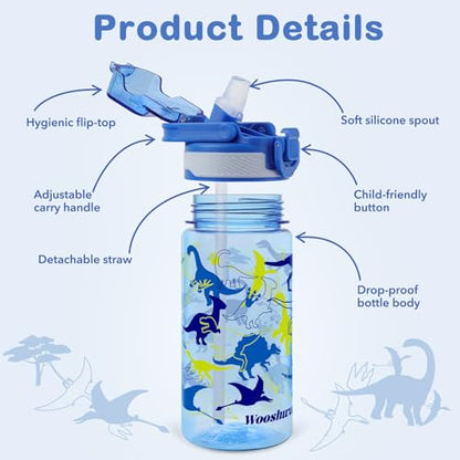Kids Water Bottle for School, 16 Oz Plastic Straw Water Bottle with Silicone Spout and Leakproof Cover, Dishwasher Safe (Dinosaur) - color: Dinosaur, size: 16 Ounces