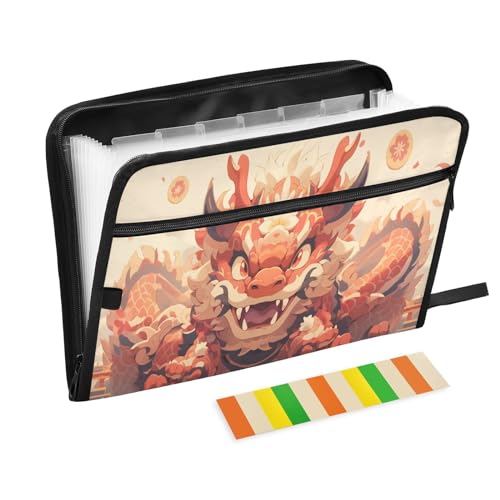 Anime Dragon Style 13 Pockets Expanding File Folder with Colorful Labels Accordion File Organizer A4 Letter Size - color: Beige