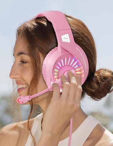 ZIUMIER Z20 Pink Gaming Headset with Microphone, Compatible with PS4 PS5 Xbox One PC Laptop, Over-Ear Headphones with LED RGB Light, Noise Canceling Mic, Stereo Surround Sound (Pink) - color: Pink