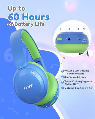 Acer Kids Bluetooth Headphones, 85/94dB Volume Limiter, Foldable Wireless Over-Ear Headphones for iPad, Travel, 60H Playtime, Bluetooth 6.0, Built-in Mic, Blue Green - color: Blue Green