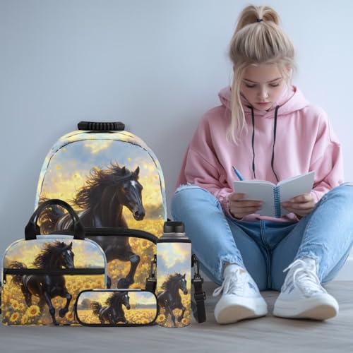 4-Piece Kids Backpack Set, Horse Sunflower Print School Bookbag with Lunch Bag, Pencil Case & Water Bottle Holder for Girls and Boys Elementary School Daily Use - color: Sunflower Horse Print