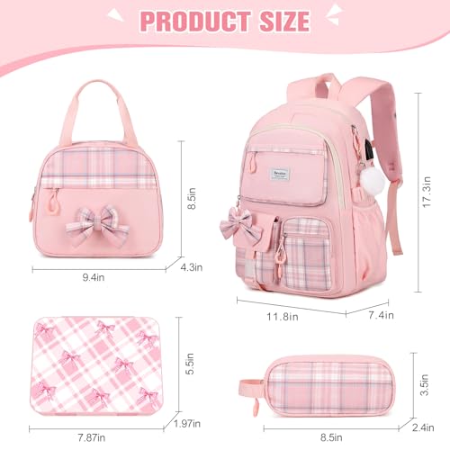 Bevalsa Backpack for Girls, Bow Plaid Bookpack with Bento Lunch Box, Insulated Bag & Utensils, 34oz Lunch Containers School Bags Set for Children Teens Kids Elementary Middle school Student (Pink) - color: Pink Plaid