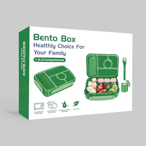 Amathley Bento Box Adult Lunch Box Kids,Lunch Containers for Adults/Kids/Toddler,5 Compartments Bento Lunch Box with Sauce Vontainers,Microwave & Dishwasher & Freezer Safe,BPA-Free (Emerald green) - color: Emerald Green