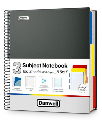 Dunwell 3-Subject Notebook College Ruled 8.5 x 11 (Black), 150 Sheets (300 Pages), Spiral Notebook 8.5x11 with Tabs, Movable Dividers, Storage Pockets, Protective Plastic Covers - color: Black