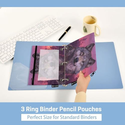 Wolf Purple Pencil Pouch for 3 Ring Binder Pencils Bag Pencil Case with Zipper Clear Window for School Office 2 Packs - color: Wolf Purple