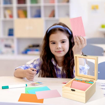 Kathfly 3 x 5 Inch Index Card Holder Set, 230 Pcs Heavy Note Index Cards Large Capacity Wooden Recipe Box Organizer Case with Dividers Flash Card Holder for Office, Home and School - color: Macron Color System