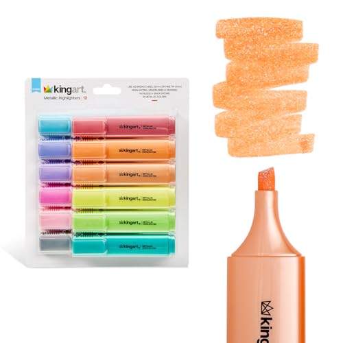 KINGART Highlighters 12 Metallic Colors, Dual-tipped: Chisel and Fine - Modern Marking Pens for Writing, Paper, Water Resistant, Translucent Ink, Sketchbook Friendly