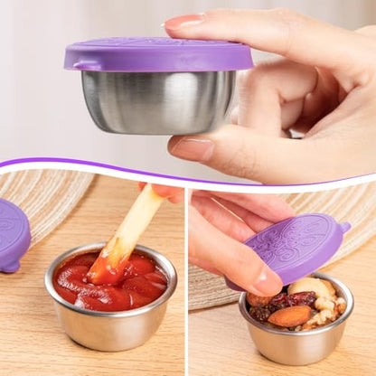 MICEBAY 8-Pack Salad Dressing Container To Go, 2-oz Silicone Small Condiment Squeeze Bottles and 1.6 oz Stainless Steel Sauce Containers Cups, Leakproof Condiment Containers with Lids for Lunch Box - color: Purple, size: 2-oz